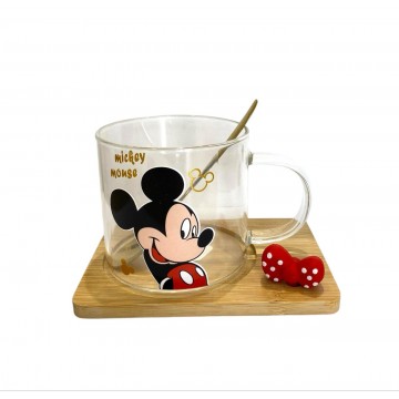 SET MUG EN VERRE AVEC SOUS TASSE EN BOIS DESIGN  MICKEY MOUSSE-230ML- ≡ MINIMALL