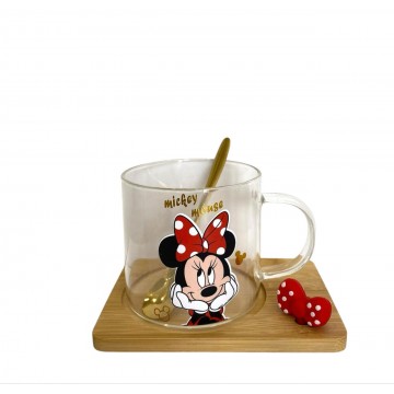 SET MUG EN VERRE AVEC SOUS TASSE EN BOIS DESIGN  MINNIE MOUSSE-230ML- ≡ MINIMALL