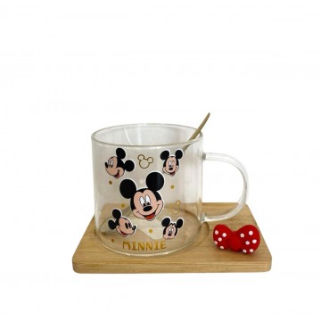 SET MUG EN VERRE AVEC SOUS TASSE EN BOIS DESIGN  MICKEY MOUSSE-230ML- ≡ MINIMALL