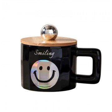 CHOPE CERAMIQUE AVEC COUVERCLE EN BOIS A MOTIF SMILE -450ML-  ≡ MINIMALL