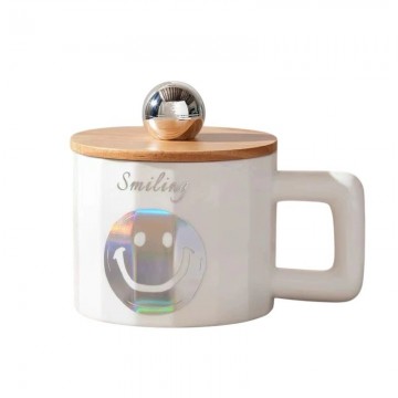 CHOPE CERAMIQUE AVEC COUVERCLE EN BOIS A MOTIF SMILE -450ML-  ≡ MINIMALL