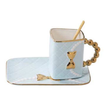 CHOPE CERAMIQUE EN FORME SAC A MAIN POIGNEÈ DORÈ AVEC SOUS TASSE -360ML- ≡ MINIMALL