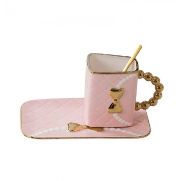 CHOPE CERAMIQUE EN FORME SAC A MAIN POIGNEÈ DORÈ AVEC SOUS TASSE -360ML- ≡ MINIMALL