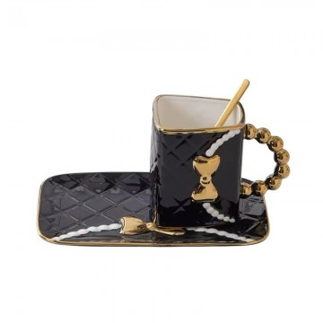 CHOPE CERAMIQUE EN FORME SAC A MAIN POIGNEÈ DORÈ AVEC SOUS TASSE -360ML- ≡ MINIMALL