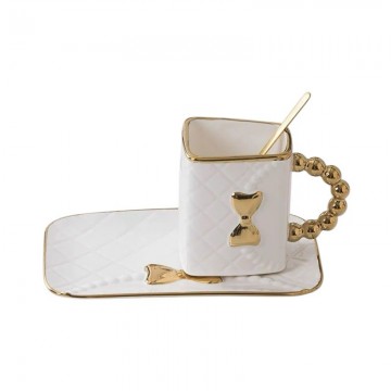 CHOPE CERAMIQUE EN FORME SAC A MAIN POIGNEÈ DORÈ AVEC SOUS TASSE -360ML- ≡ MINIMALL