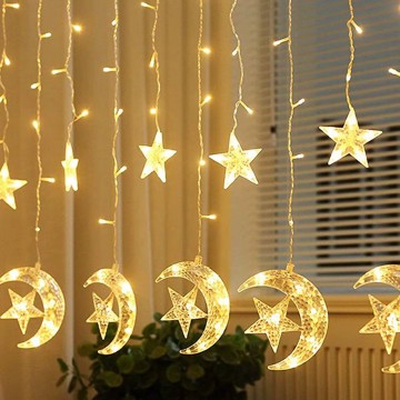 GUIRLANDE LUMINEUSE LED EN PLASTIQUE POUR DECORATION DE RAMADAN ET DE L'AID -3M- 12 LAMPES- 6 ETOILES ET 6 CROISSANTS ≡ MINIMALL