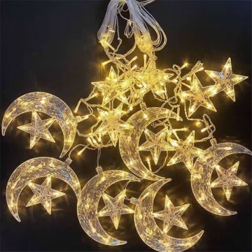GUIRLANDE LUMINEUSE LED EN PLASTIQUE POUR DECORATION DE RAMADAN ET DE L'AID -3M- 12 LAMPES- 6 ETOILES ET 6 CROISSANTS ≡ MINIMALL